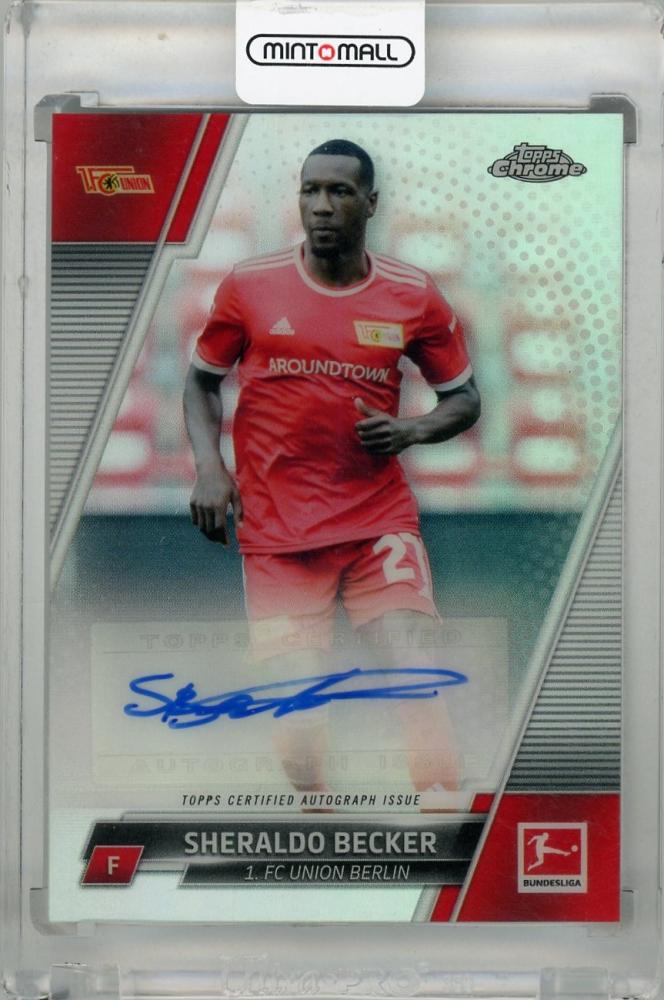 2021-22 Topps Chrome Bundesliga Sheraldo Becker Autograph trading card with visible back damage