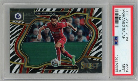 2022-23 Panini Select Premier League Mohamed Salah Zebra trading card #22425 of 25 graded PSA 9