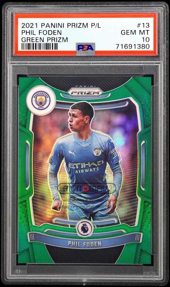 2021-22 Panini Prizm English Premier League Phil Foden Green Prizms #13 PSA GEM MINT 10 card