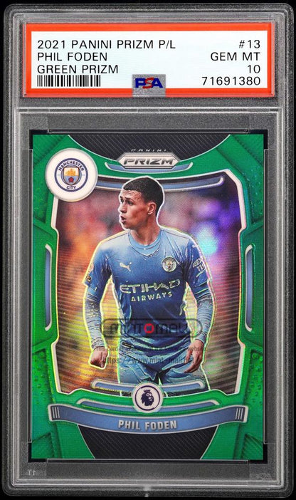 2021-22 Panini Prizm English Premier League Phil Foden Green Prizms #13 PSA GEM MINT 10 card