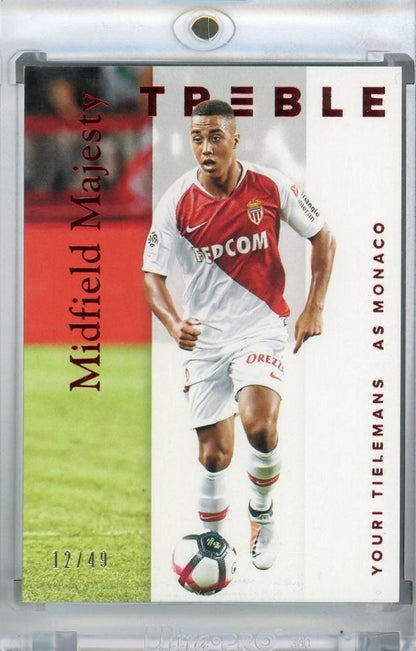 2018-19 Panini Treble AS Monaco Youri Tielemans Midfield Majesty Red Parallel card numbered 12 of 49