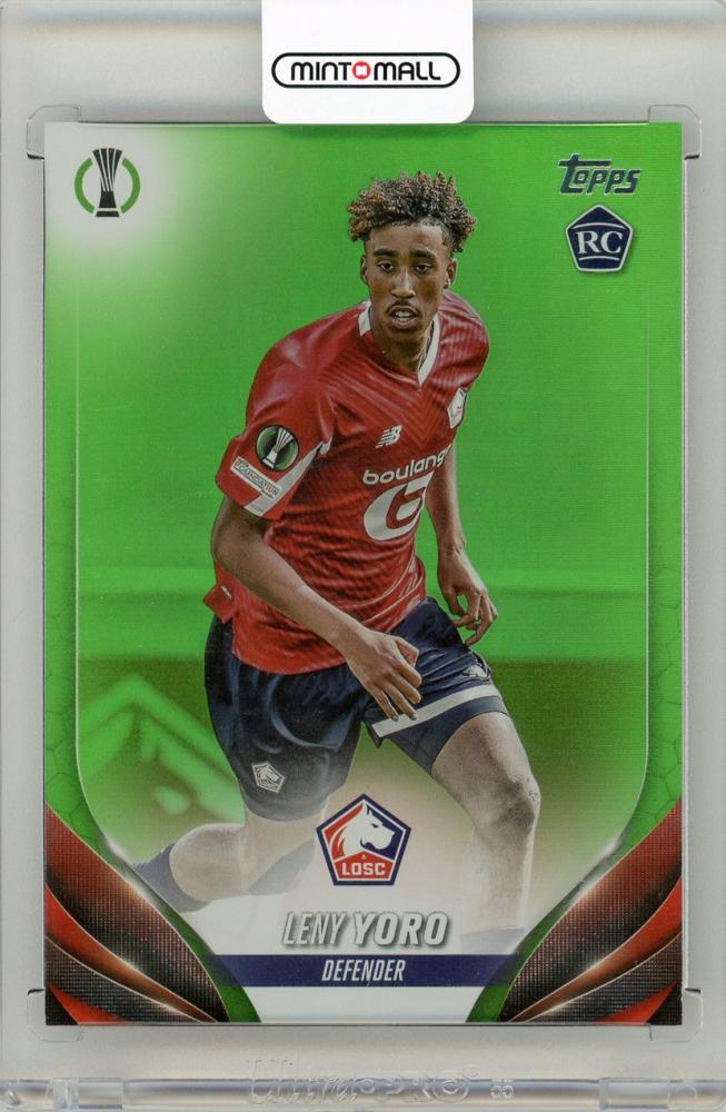 2023-24 Topps Chrome UEFA Club Competitions Leny Yoro Green Refractors card numbered 144 of 199 from Losc Lille