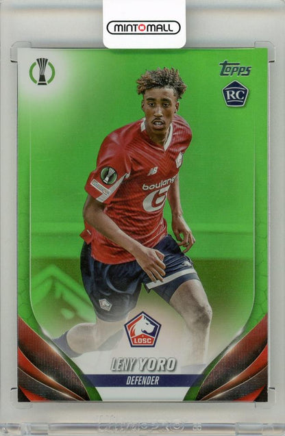 2023-24 Topps Chrome UEFA Club Competitions Leny Yoro Green Refractors card numbered 144 of 199 from Losc Lille