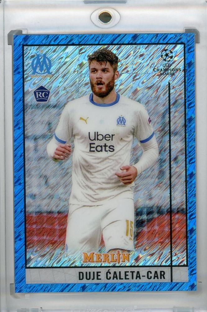 2020-21 Topps Merlin Chrome UEFA Champions League Duje Caleta-Car base card with Blue Shimmer parallel