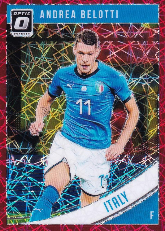 2018-19 Donruss Italy Andrea Belotti Base Optic Red Velocity basketball card serial numbered 07 of 50