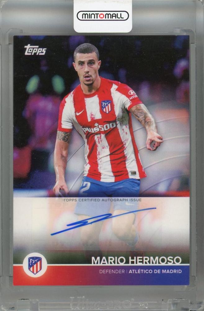 2021-22 Topps Atletico de Madrid Mario Hermoso autograph card with minor stain on back