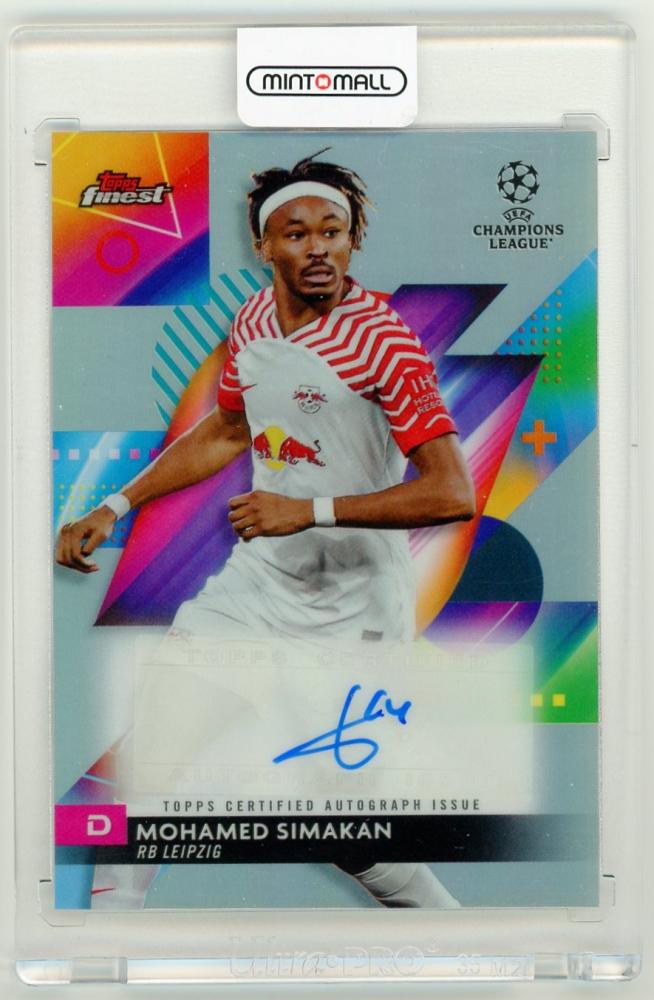 2023-24 Topps Finest UEFA Club Competitions Mohamed Simakan autograph card featuring RB Leipzig player