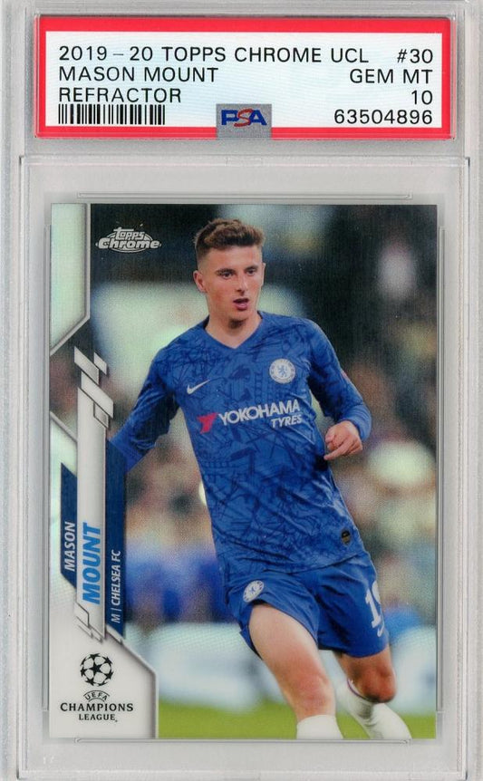 2019-20 Topps Chrome UEFA Champions League Mason Mount Chelsea FC Base Refractor card graded PSA 10
