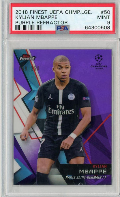 2018-19 Topps Finest UEFA Champions League Paris Saint-Germain Kylian Mbappe Base Purple trading card graded PSA 9