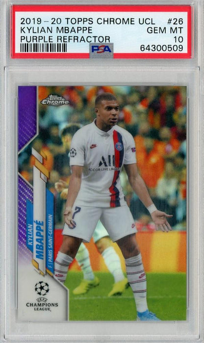 2019-20 Topps Chrome UEFA Champions League Paris Saint-Germain Kylian Mbappe Base Purple card graded PSA 10