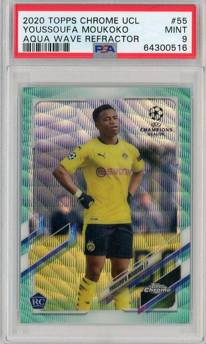 2020-21 Topps Chrome UEFA Champions League Borussia Dortmund Youssoufa Moukoko Base Aqua Wave PSA 9 card