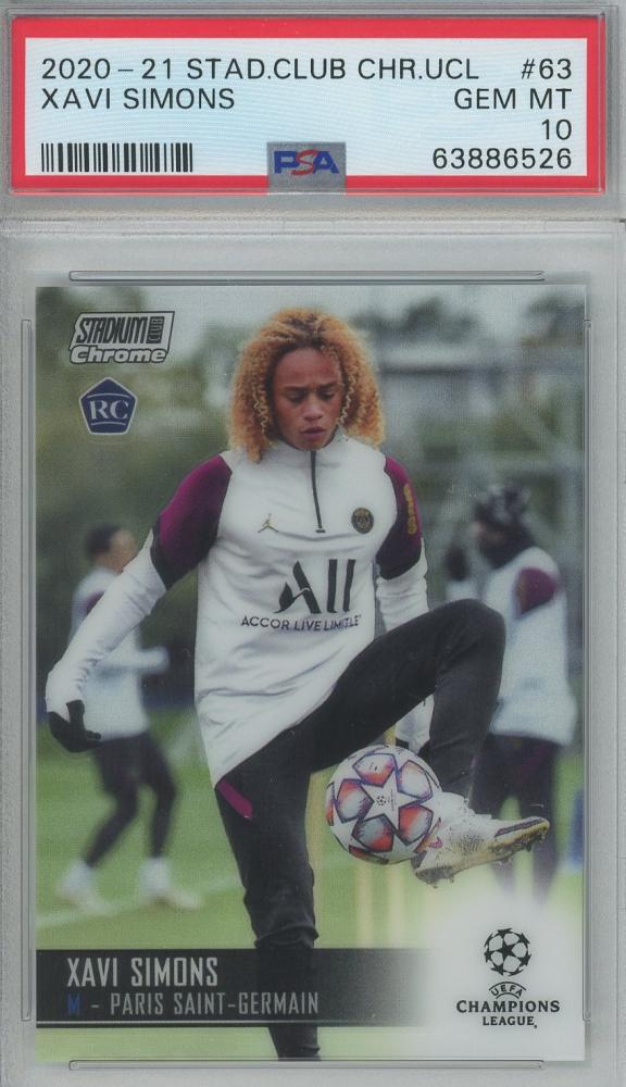 2020-21 Stadium Club Chrome UCL Xavi Simons #63 PSA10 collectible card Paris Saint-Germain