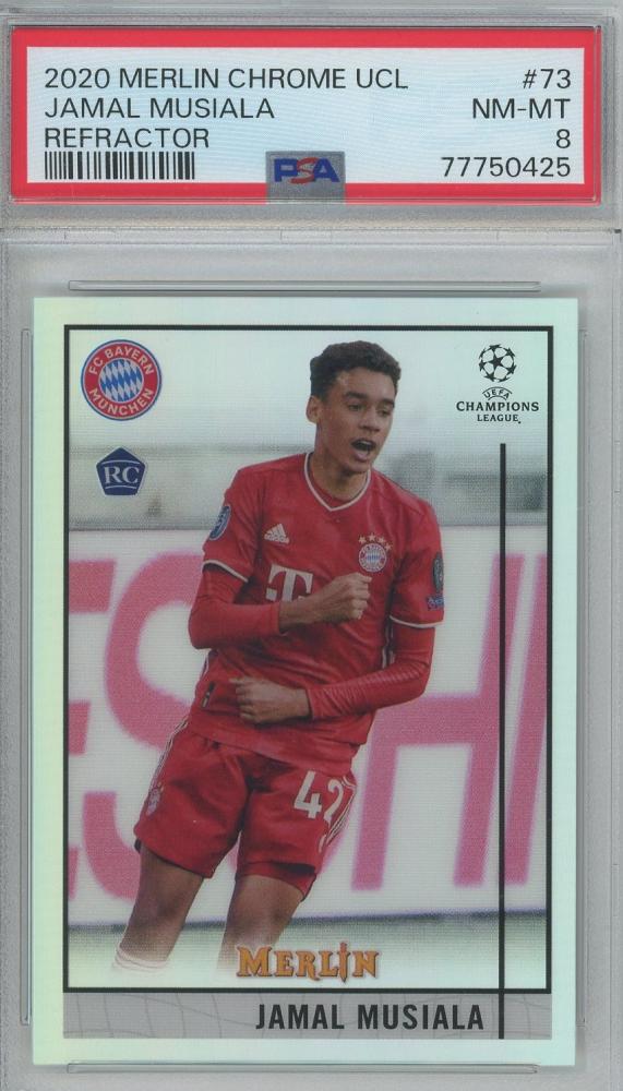 2020 Merln Chrome UCL Jamal Musiala RC Refractor card graded PSA8 from FC Bayern Munich with serial number 73PSA8
