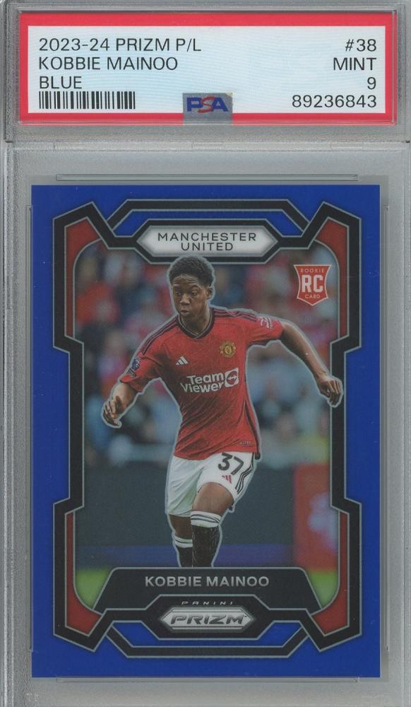 2023-24 Prizm Premier League Kobbie Mainoo rookie card graded PSA9 with serial number 113 of 299