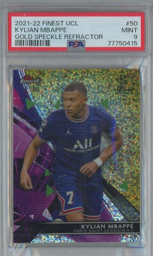 2021-22 Finest UCL Kylian Mbappe Gold Speckle Refractor card numbered 5013/50 graded PSA9 from Paris Saint-Germain