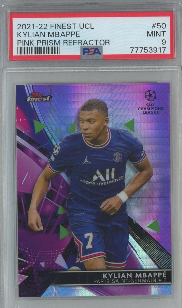 2021-22 Finest UCL Kylian Mbappe Pink Prizm Refractor trading card graded PSA9 with serial number 50063 out of 125