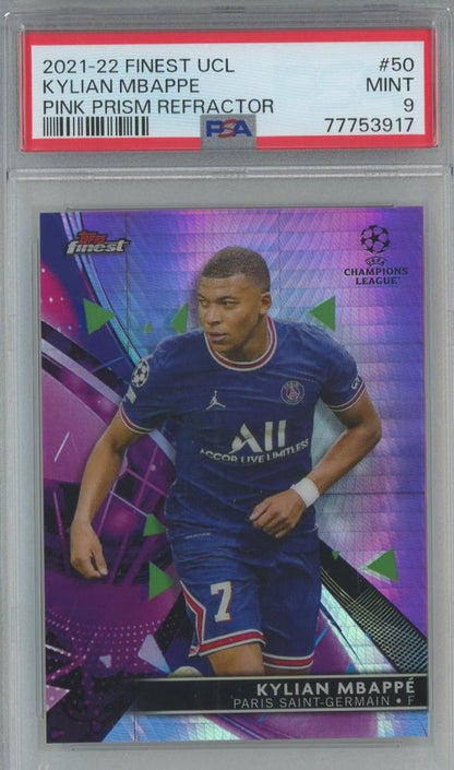 2021-22 Finest UCL Kylian Mbappe Pink Prizm Refractor trading card graded PSA9 with serial number 50063 out of 125