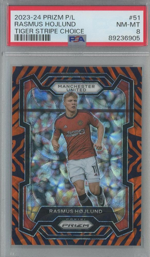2023-24 Prizm Premier League Rasmus Hojlund Tiger Stripe Choice PSA8 trading card from Manchester United