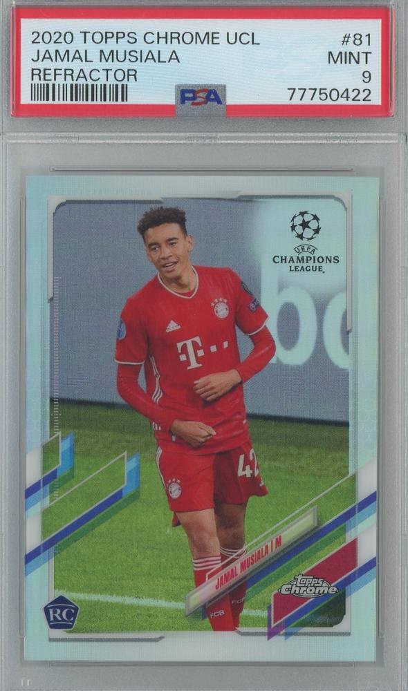 2020 Topps Chrome UCL Jamal Musiala Rookie Card Refractor graded PSA9 showing player in FC Bayern Munich kit