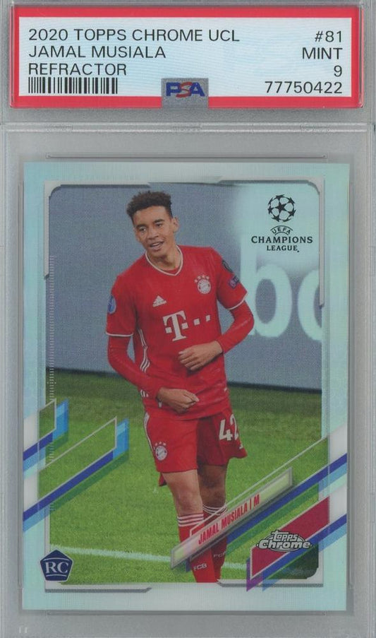 2020 Topps Chrome UCL Jamal Musiala Rookie Card Refractor graded PSA9 showing player in FC Bayern Munich kit