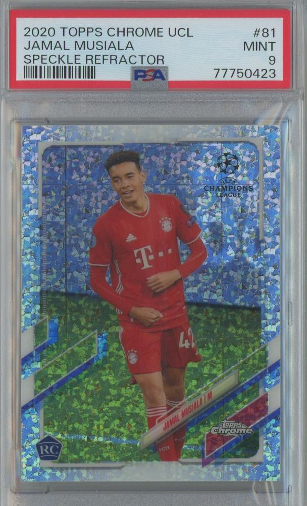 2020 Topps Chrome UCL Jamal Musiala rookie card Speckle Refractor PSA9 graded red and gold design