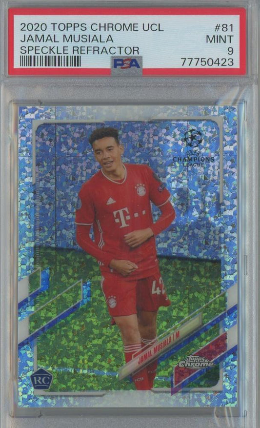2020 Topps Chrome UCL Jamal Musiala rookie card Speckle Refractor PSA9 graded red and gold design