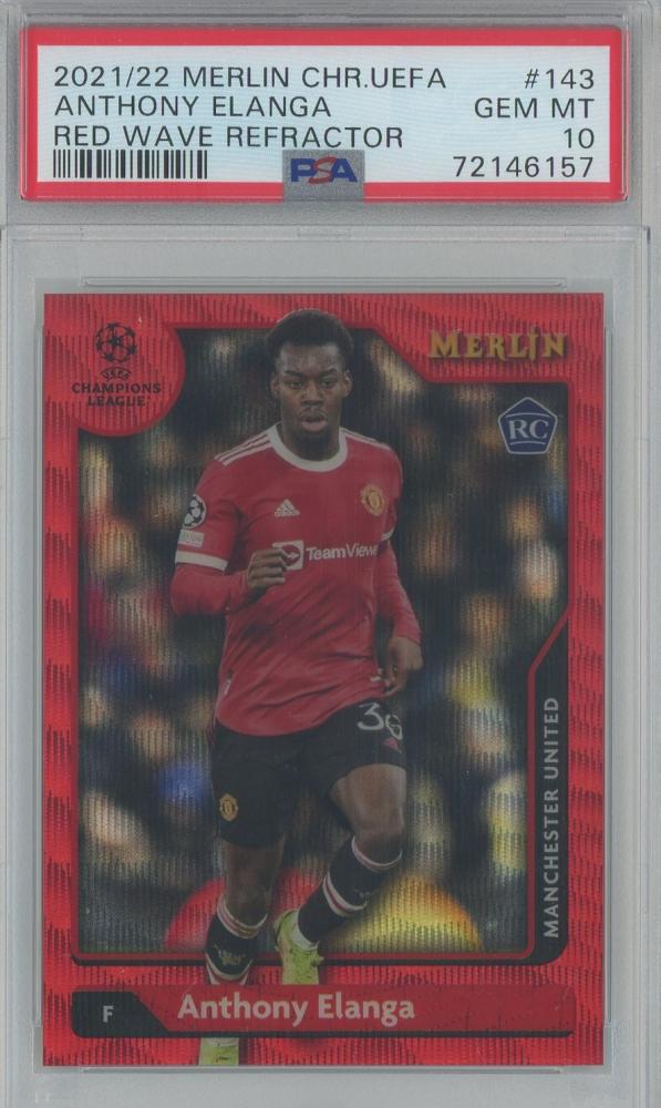 2021-22 Merlin Chrome UEFA Anthony Elanga rookie card Red Wave Refractor graded PSA 10 numbered 2 of 5
