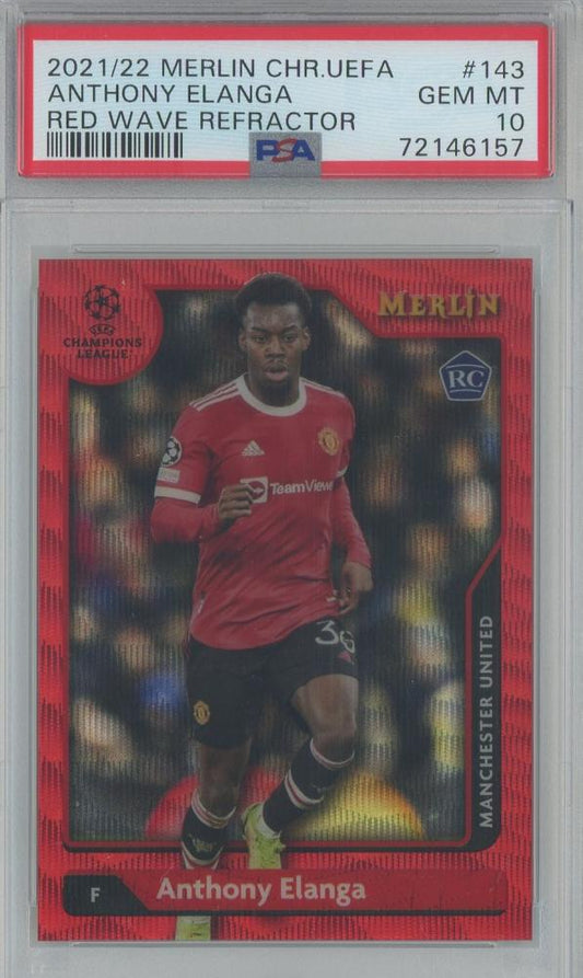 2021-22 Merlin Chrome UEFA Anthony Elanga rookie card Red Wave Refractor graded PSA 10 numbered 2 of 5