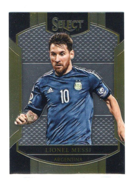 2016-17 Panini Select Lionel Messi Base trading card showing Lionel Messi in Barcelona kit
