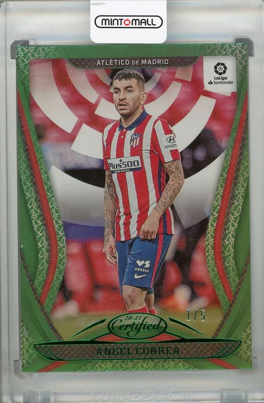 2020-21 Panini Chronicles Angel Correa Atletico de Madrid Certified La Liga Mirror Green trading card numbered 1 of 5