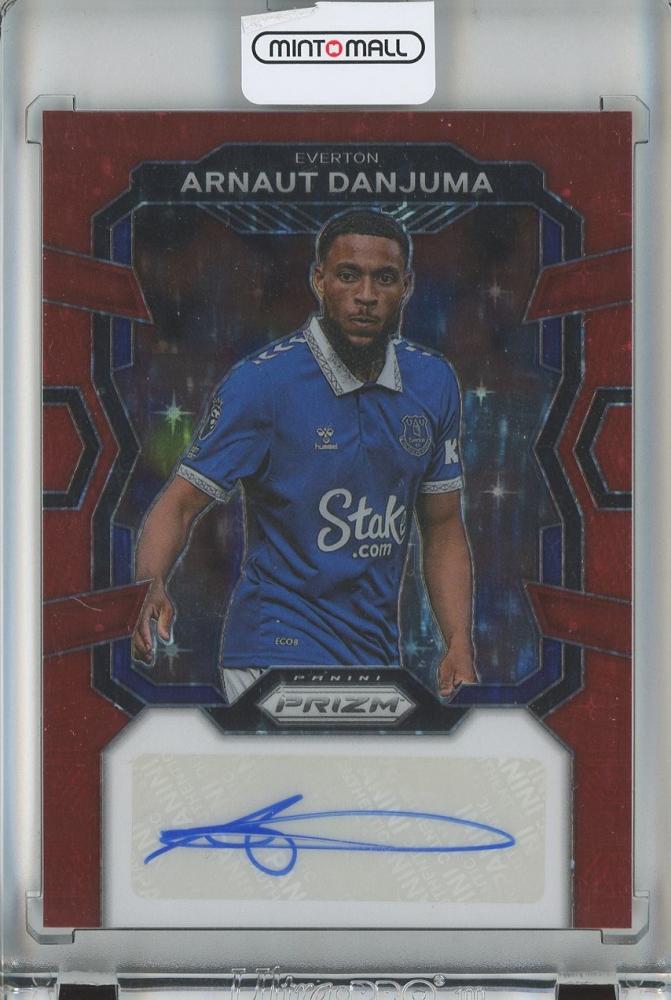 2023-24 Panini Prizm Premier League Arnaut Danjuma Signature Red Stars trading card from Everton