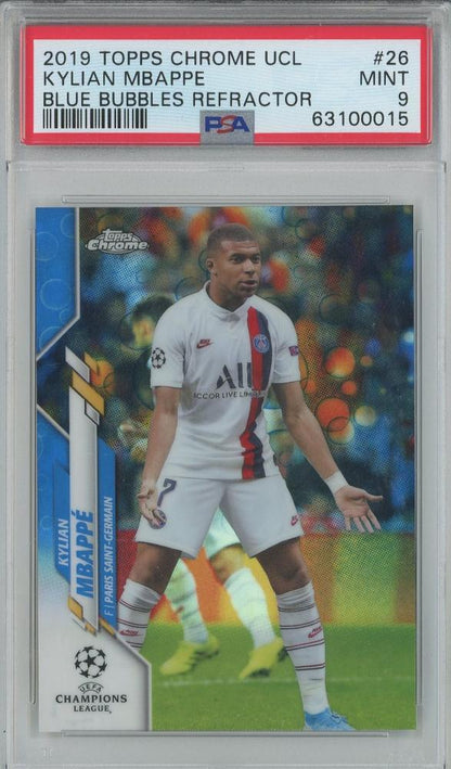 2019 Topps Chrome UCL Kylian Mbappe Blue Bubbles Refractor card numbered 26 graded PSA9