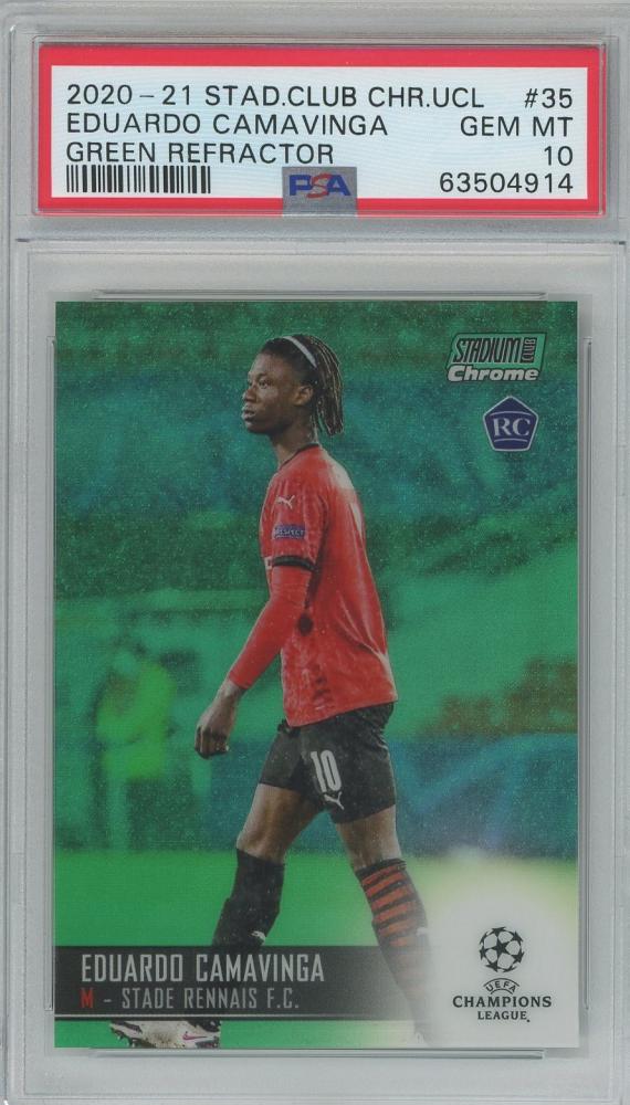 2020-21 Stadium Club Chrome UCL Eduardo Camavinga Green Refractor card graded PSA10 with serial #3539 of 99