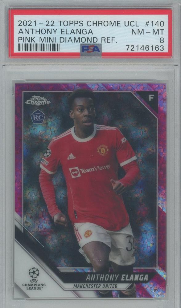 2021-22 Topps Chrome UCL Anthony Elanga Pink Mini Diamond Refractor card graded PSA8 with serial number 140172/175