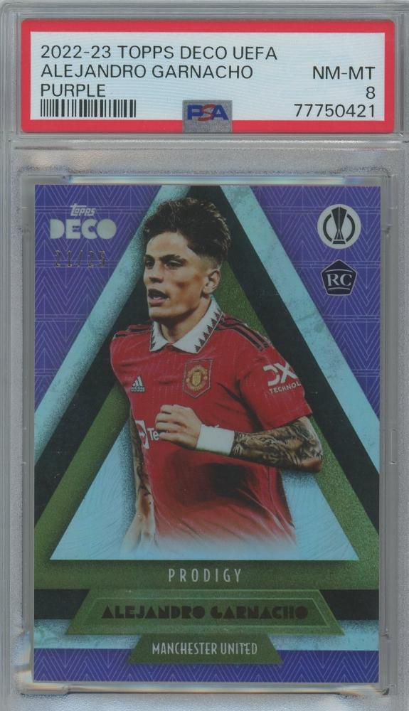 2022-23 Topps Deco UEFA trading card of Alejandro Garnacho RC Purple serial 21 of 25 graded PSA8