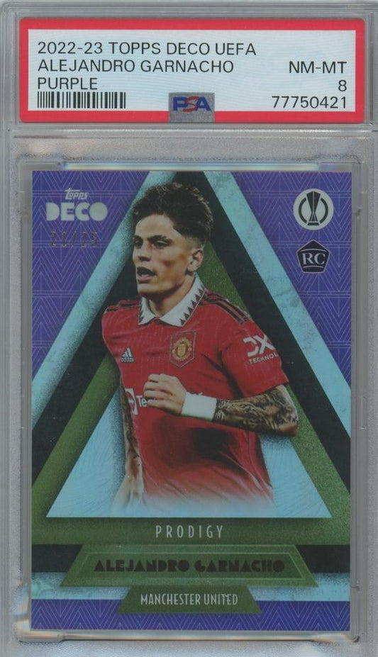 2022-23 Topps Deco UEFA trading card of Alejandro Garnacho RC Purple serial 21 of 25 graded PSA8