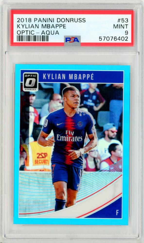 PSA9 graded 2018-19 Panini Donruss Kylian Mbappe Optic Aqua trading card numbered 85 of 149