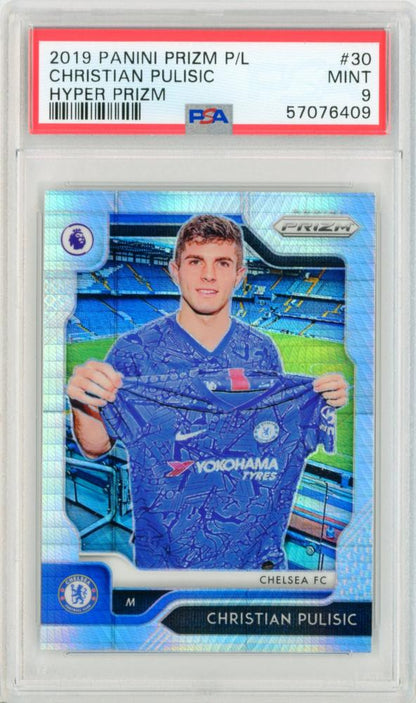 PSA9 graded 2019-20 Panini Prizm Premier League Christian Pulisic Hyper Prizm Base card #30