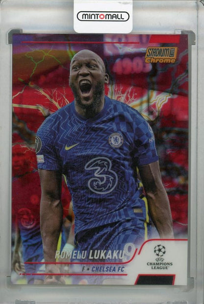 2021-22 Topps Stadium Club Chrome UEFA Champions League Romelu Lukaku Chelsea FC Red Orange Electric Charge card serial 1 of 4