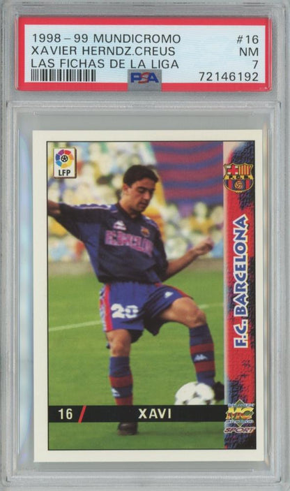 1998-99 Mundicromo Liga trading card of Xavier Hernandez Creus FC Barcelona graded PSA7