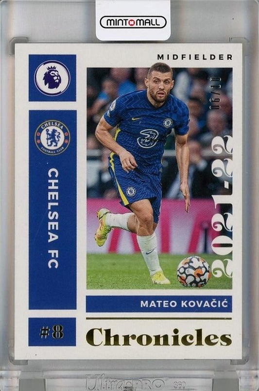 2021-22 Panini Chronicles Mateo Kovacic Premier League Gold #8 trading card with minor back stain