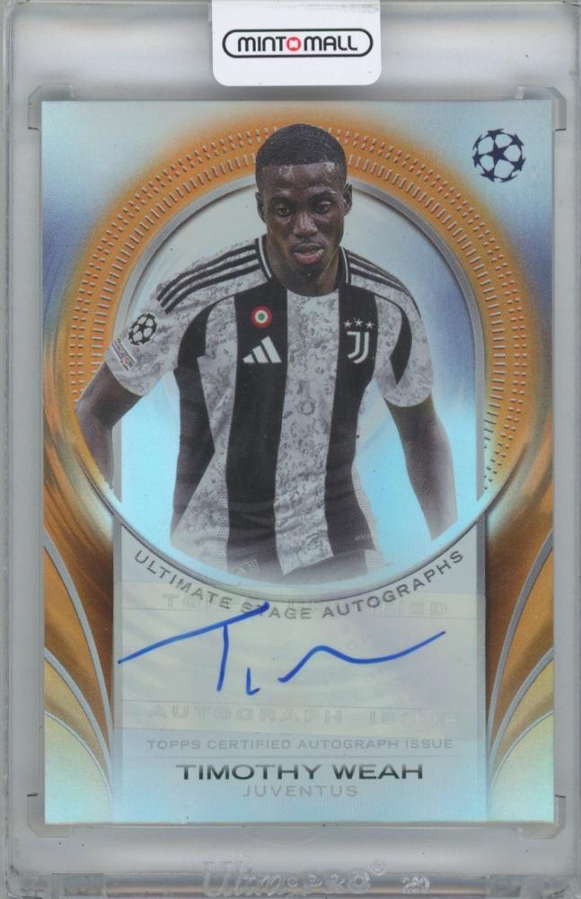 2024-25 TOPPS UEFA Club Competitions Ultimate Stage Autograph Orange Foilboard trading card of Timothy Weah in Juventus jersey, serial 25 of 25