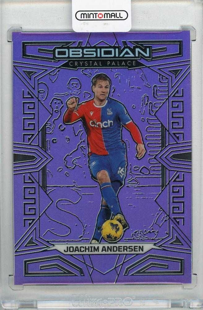 2023-24 PANINI Obsidian Joachim Andersen Electric Etch Purple Flood trading card #4321/25 featuring Crystal Palace