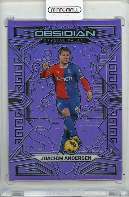 2023-24 PANINI Obsidian Joachim Andersen Electric Etch Purple Flood trading card #4321/25 featuring Crystal Palace