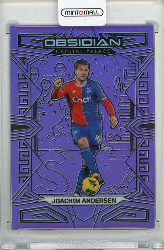 2023-24 PANINI Obsidian Joachim Andersen Electric Etch Purple Flood trading card #4321/25 featuring Crystal Palace