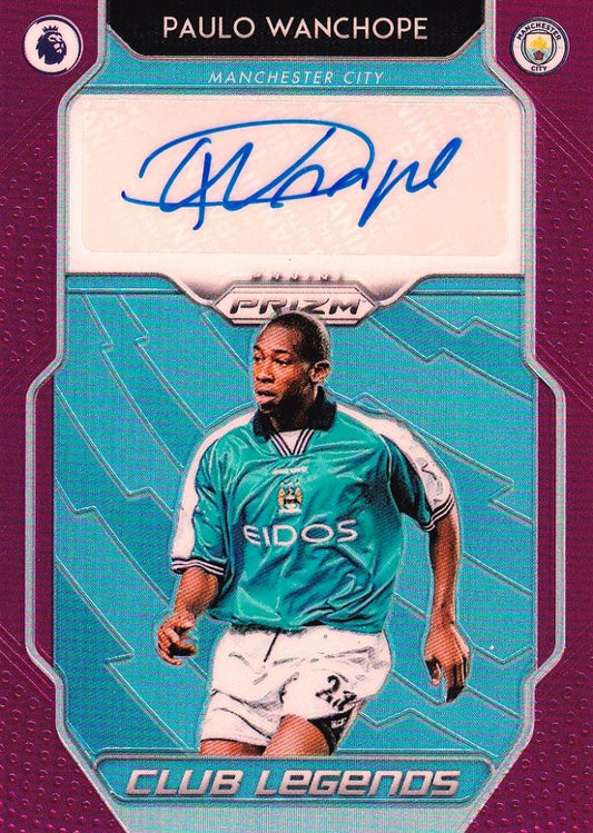 2019-20 Panini Prizm Premier League Manchester City Paulo Wanchope Club Legends Purple trading card number 16 of 99