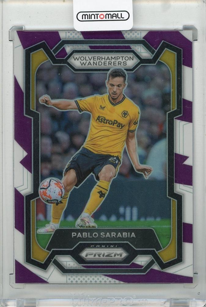 2023-24 PANINI Prizm EPL trading card of Pablo Sarabia with Purple and White Stripes numbered 21229/92