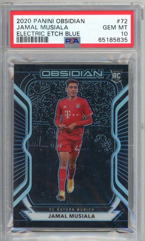 2020-21 Obsidian Jamal Musiala Electric Etch Blue 21 of 30 PSA 10 graded Bayern Munich trading card