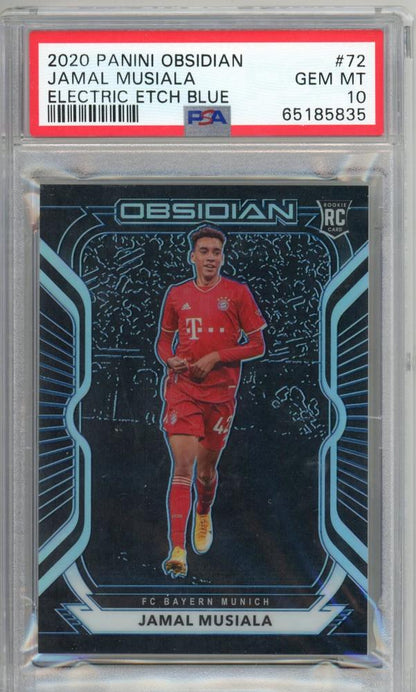 2020-21 Obsidian Jamal Musiala Electric Etch Blue 21 of 30 PSA 10 graded Bayern Munich trading card