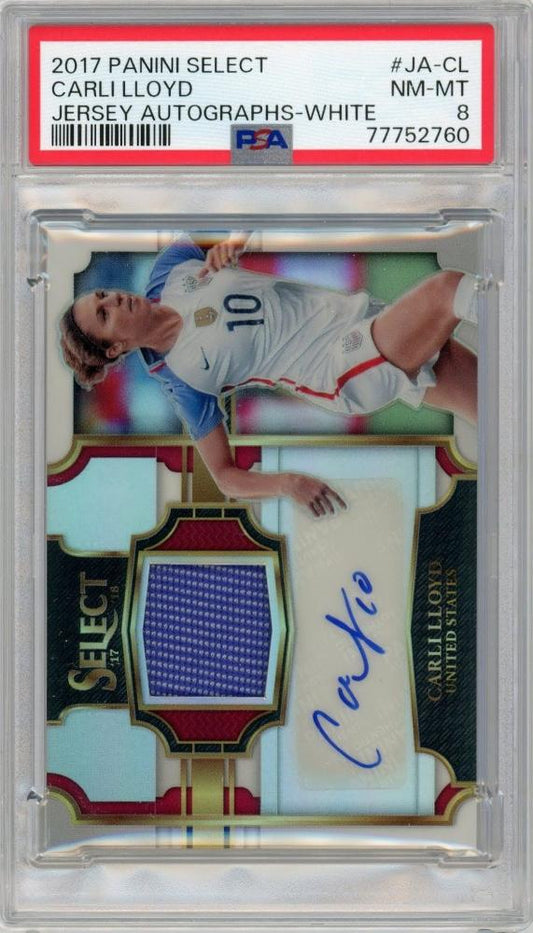 2017-18 PANINI Select Soccer Carli Lloyd Jersey Autographs white limited edition card with PSA 8 grade